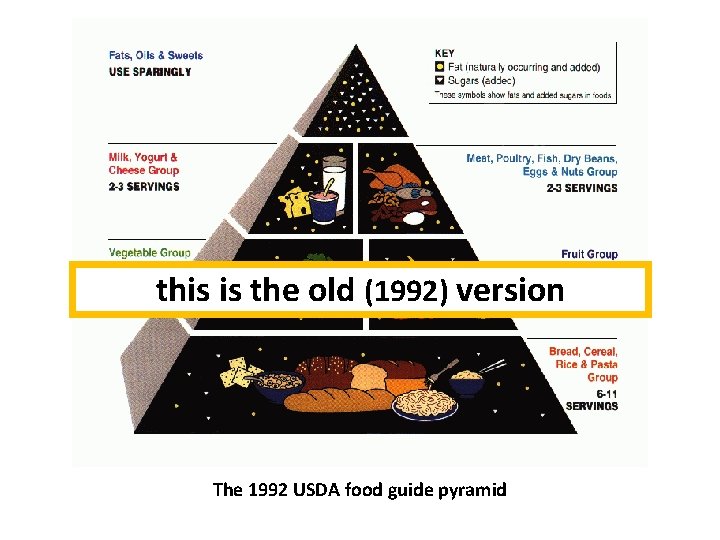 this is the old (1992) version The 1992 USDA food guide pyramid 