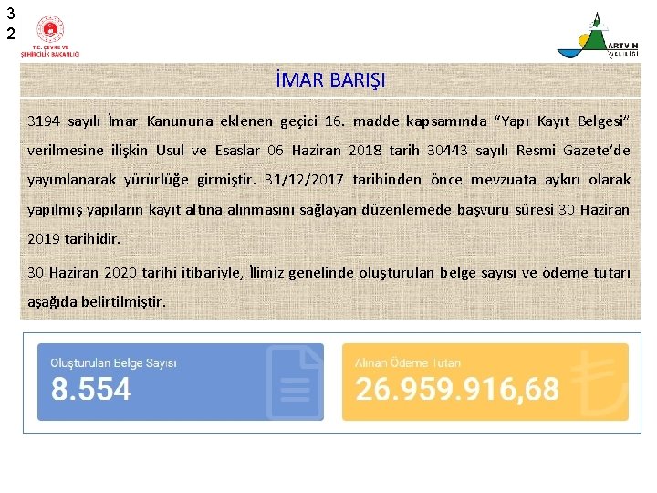 3 2 İMAR BARIŞI 3194 sayılı İmar Kanununa eklenen geçici 16. madde kapsamında “Yapı