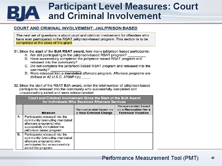 Participant Level Measures: Court and Criminal Involvement Performance Measurement Tool (PMT) 46 
