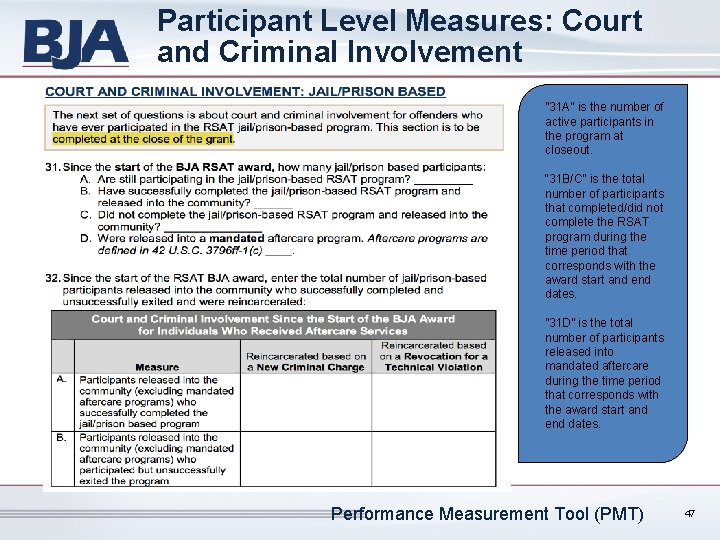 Participant Level Measures: Court and Criminal Involvement ” 31 A” is the number of