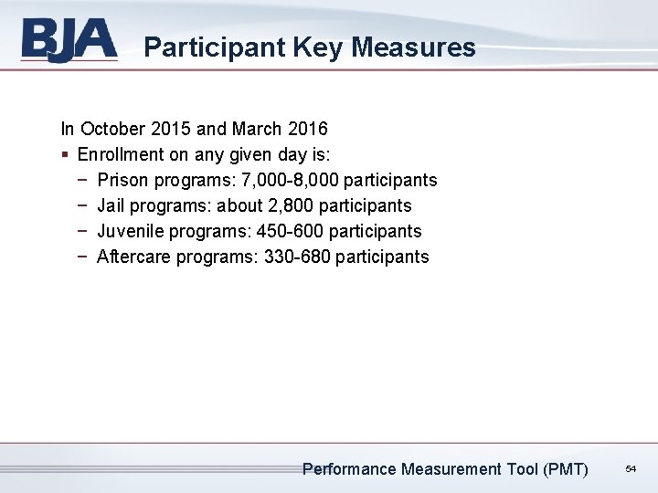 Participant Key Measures In October 2015 and March 2016 § Enrollment on any given