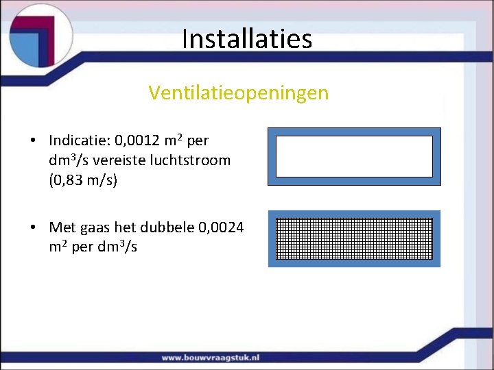 Installaties Ventilatieopeningen • Indicatie: 0, 0012 m 2 per dm 3/s vereiste luchtstroom (0,