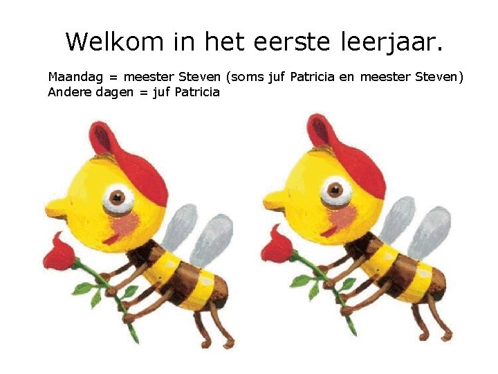 Welkom in het eerste leerjaar. Maandag = meester Steven (soms juf Patricia en meester