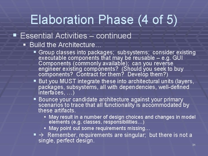 Elaboration Phase (4 of 5) § Essential Activities – continued § Build the Architecture…