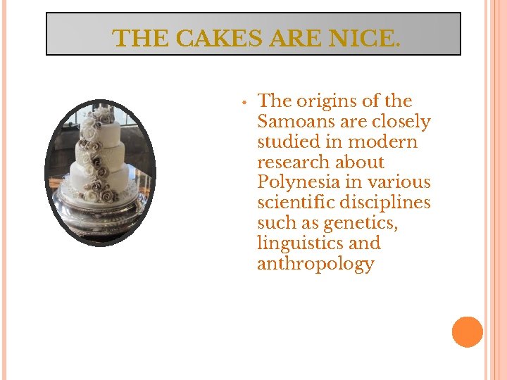 THE CAKES ARE NICE. • The origins of the Samoans are closely studied in