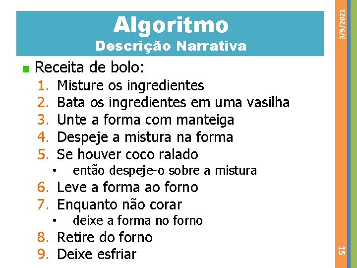 Descrição Narrativa 3/9/2021 Algoritmo Receita de bolo: 1. Misture os ingredientes 2. Bata os