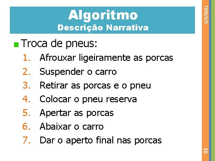 Descrição Narrativa 3/9/2021 Algoritmo Troca de pneus: 1. 2. 3. 4. 5. 6. 7.