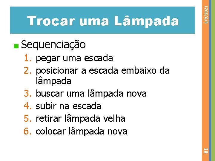 3/9/2021 Trocar uma Lâmpada Sequenciação 1. pegar uma escada 2. posicionar a escada embaixo