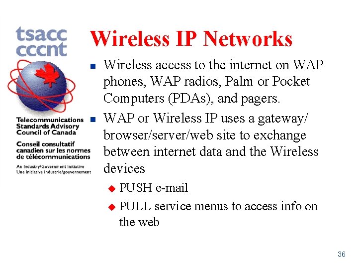 Wireless IP Networks n n Wireless access to the internet on WAP phones, WAP