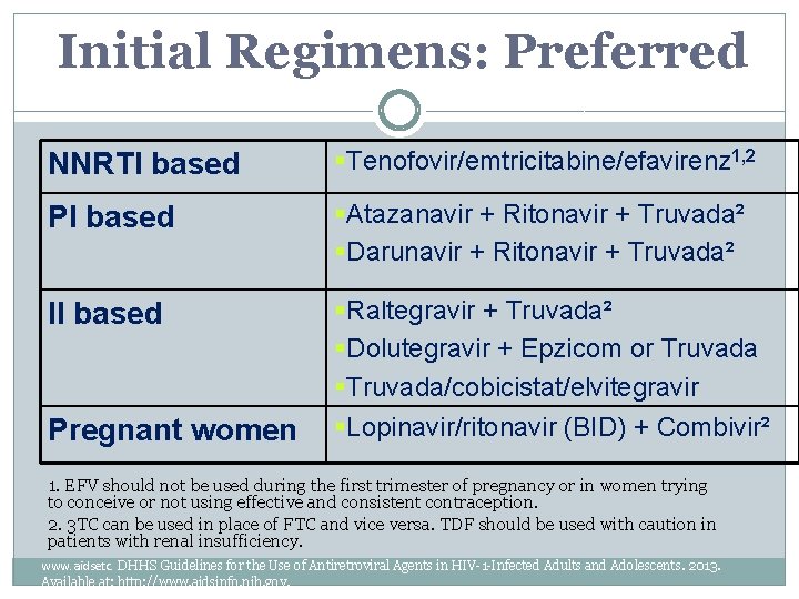Initial Regimens: Preferred NNRTI based §Tenofovir/emtricitabine/efavirenz 1, 2 PI based §Atazanavir + Ritonavir + Initial Regimens: Preferred NNRTI based §Tenofovir/emtricitabine/efavirenz 1, 2 PI based §Atazanavir + Ritonavir +