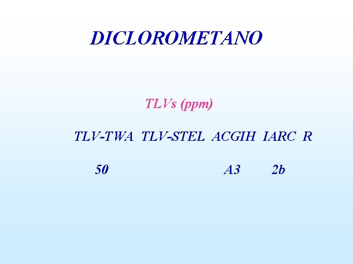 DICLOROMETANO TLVs (ppm) TLV-TWA TLV-STEL ACGIH IARC R 50 A 3 2 b 