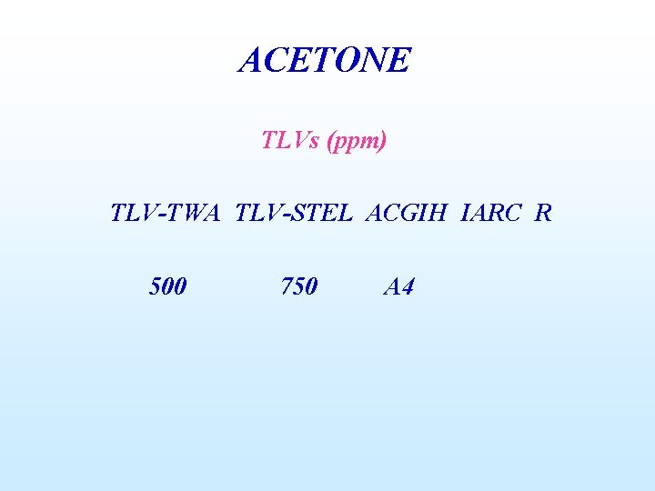 ACETONE TLVs (ppm) TLV-TWA TLV-STEL ACGIH IARC R 500 750 A 4 