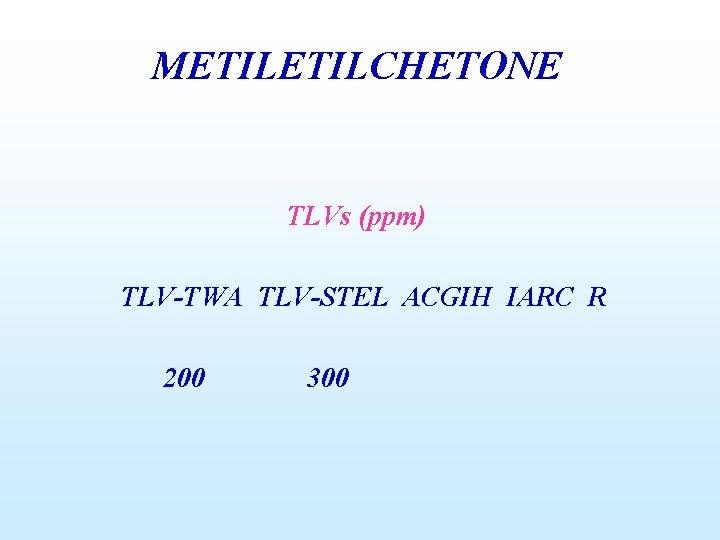 METILCHETONE TLVs (ppm) TLV-TWA TLV-STEL ACGIH IARC R 200 300 