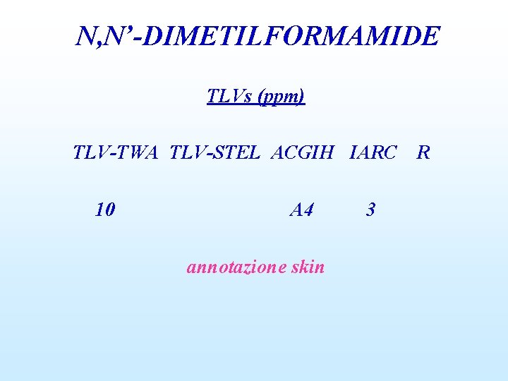 N, N’-DIMETILFORMAMIDE TLVs (ppm) TLV-TWA TLV-STEL ACGIH IARC 10 A 4 annotazione skin 3