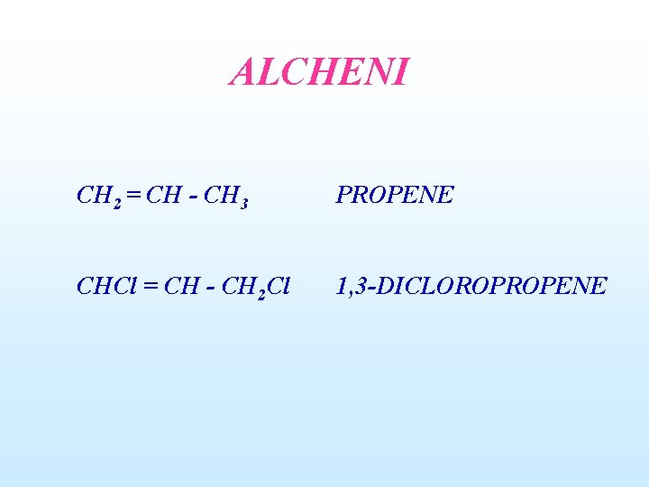 ALCHENI CH 2 = CH - CH 3 PROPENE CHCl = CH - CH
