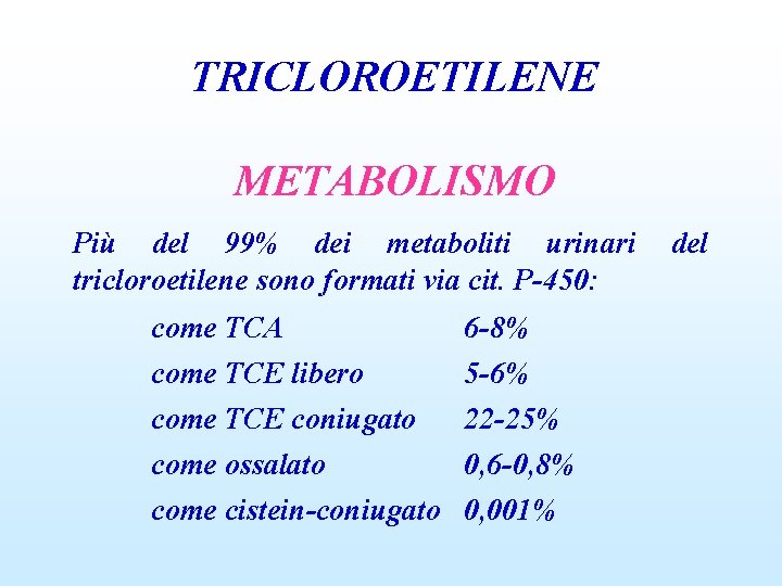 TRICLOROETILENE METABOLISMO Più del 99% dei metaboliti urinari tricloroetilene sono formati via cit. P-450: