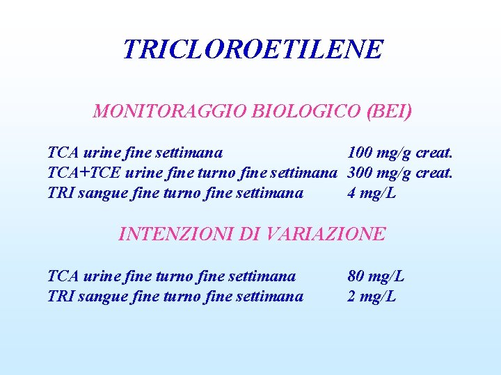 TRICLOROETILENE MONITORAGGIO BIOLOGICO (BEI) TCA urine fine settimana 100 mg/g creat. TCA+TCE urine fine
