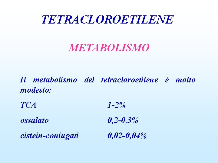 TETRACLOROETILENE METABOLISMO Il metabolismo del tetracloroetilene è molto modesto: TCA 1 -2% ossalato 0,