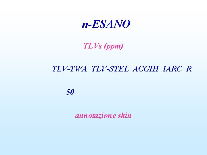 n-ESANO TLVs (ppm) TLV-TWA TLV-STEL ACGIH IARC R 50 annotazione skin 