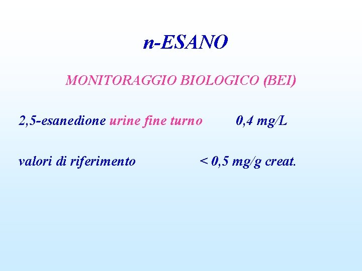 n-ESANO MONITORAGGIO BIOLOGICO (BEI) 2, 5 -esanedione urine fine turno valori di riferimento 0,