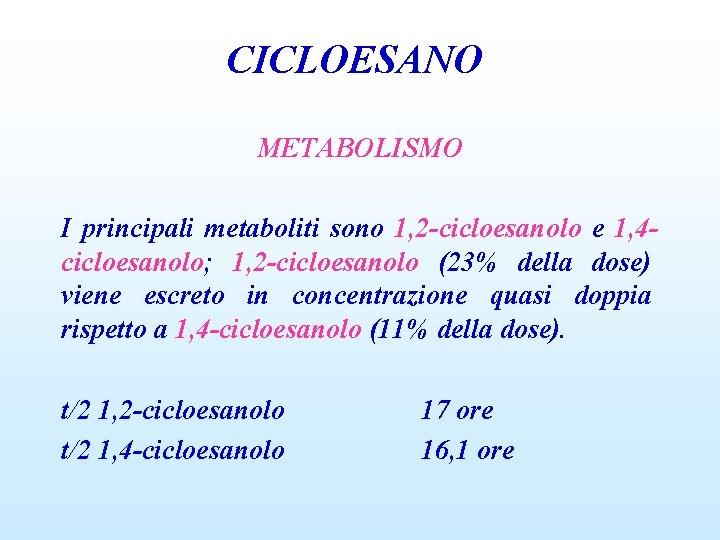 CICLOESANO METABOLISMO I principali metaboliti sono 1, 2 -cicloesanolo e 1, 4 cicloesanolo; 1,