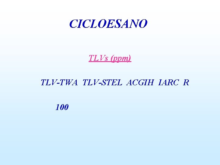 CICLOESANO TLVs (ppm) TLV-TWA TLV-STEL ACGIH IARC R 100 
