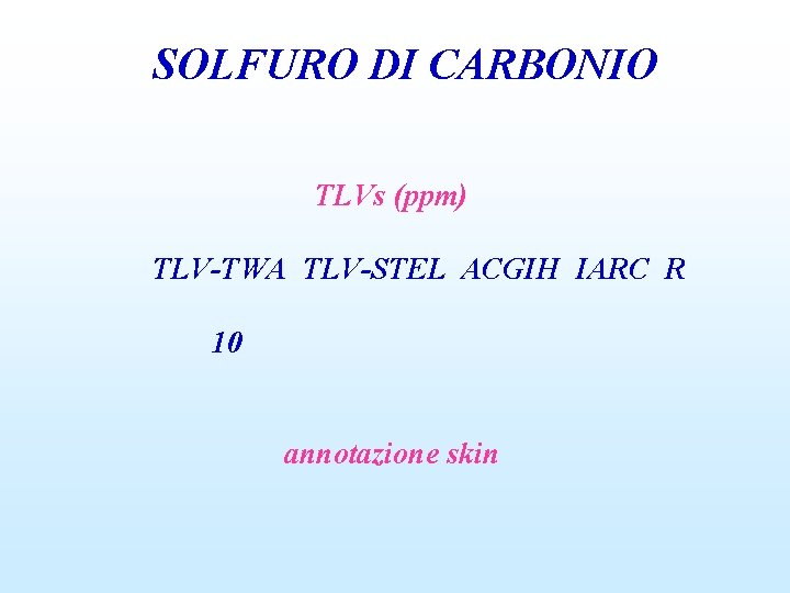 SOLFURO DI CARBONIO TLVs (ppm) TLV-TWA TLV-STEL ACGIH IARC R 10 annotazione skin 