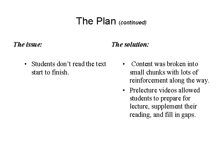 The Plan (continued) The issue: • Students don’t read the text start to finish.