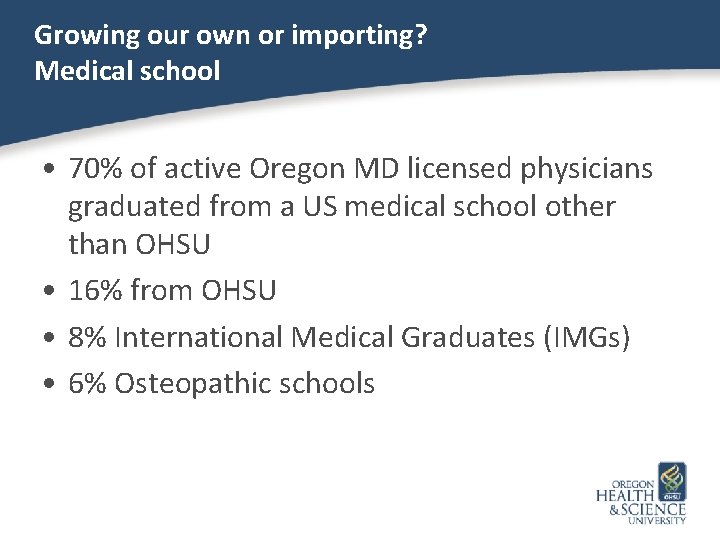 Growing our own or importing? Medical school • 70% of active Oregon MD licensed