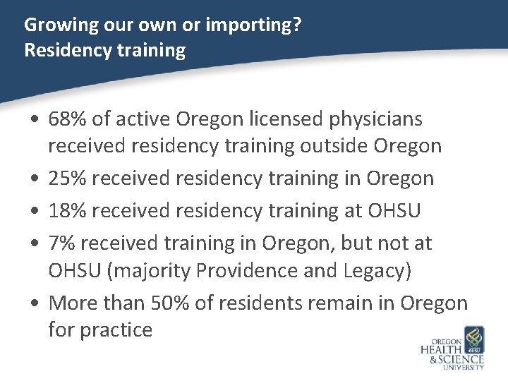 Growing our own or importing? Residency training • 68% of active Oregon licensed physicians