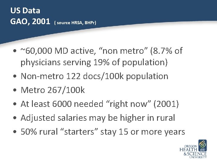 US Data GAO, 2001 ( source HRSA, BHPr) • ~60, 000 MD active, “non