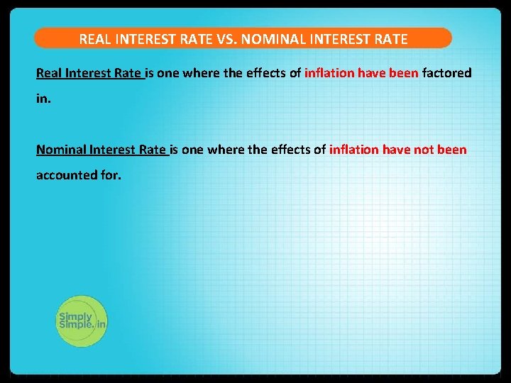REAL INTEREST RATE VS. NOMINAL INTEREST RATE Real Interest Rate is one where the