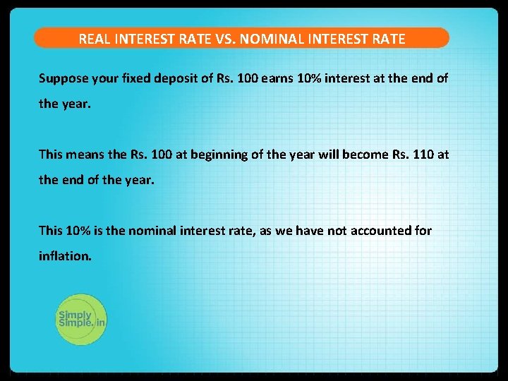 REAL INTEREST RATE VS. NOMINAL INTEREST RATE Suppose your fixed deposit of Rs. 100