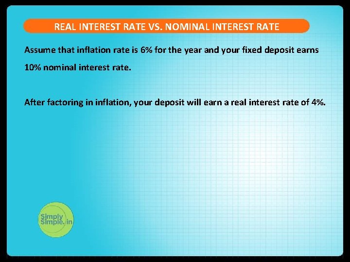 REAL INTEREST RATE VS. NOMINAL INTEREST RATE Assume that inflation rate is 6% for