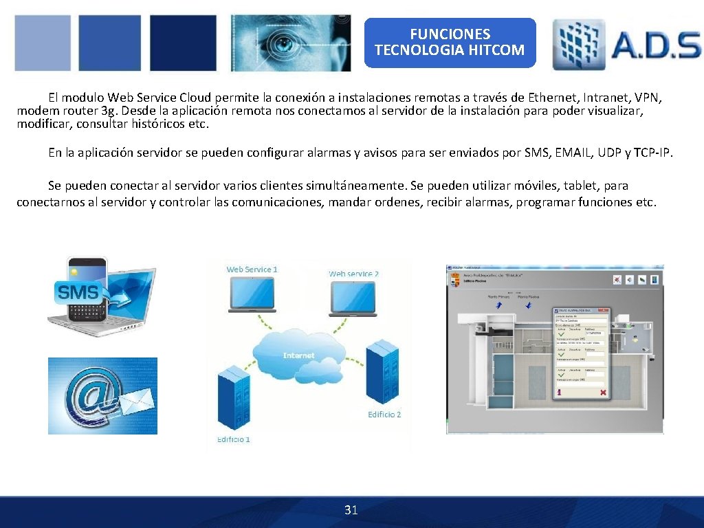 FUNCIONES TECNOLOGIA HITCOM El modulo Web Service Cloud permite la conexión a instalaciones remotas