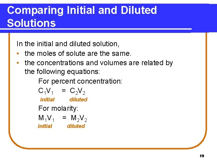 Comparing Initial and Diluted Solutions In the initial and diluted solution, • the moles