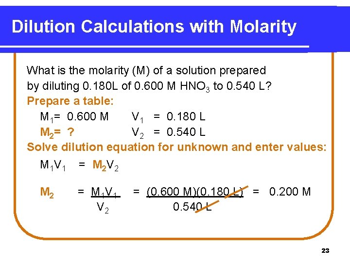 Dilution Calculations with Molarity What is the molarity (M) of a solution prepared by