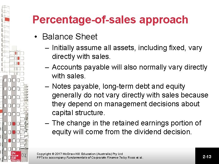 Percentage-of-sales approach • Balance Sheet – Initially assume all assets, including fixed, vary directly Percentage-of-sales approach • Balance Sheet – Initially assume all assets, including fixed, vary directly