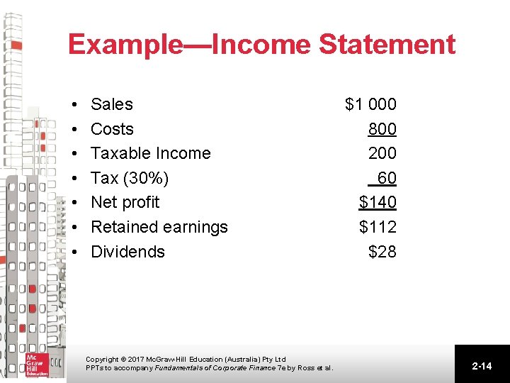 Example—Income Statement • • Sales Costs Taxable Income Tax (30%) Net profit Retained earnings Example—Income Statement • • Sales Costs Taxable Income Tax (30%) Net profit Retained earnings