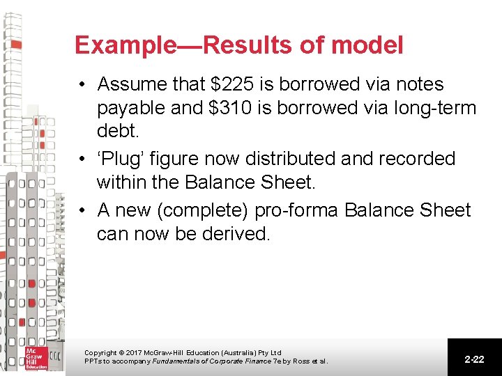 Example—Results of model • Assume that $225 is borrowed via notes payable and $310 Example—Results of model • Assume that $225 is borrowed via notes payable and $310