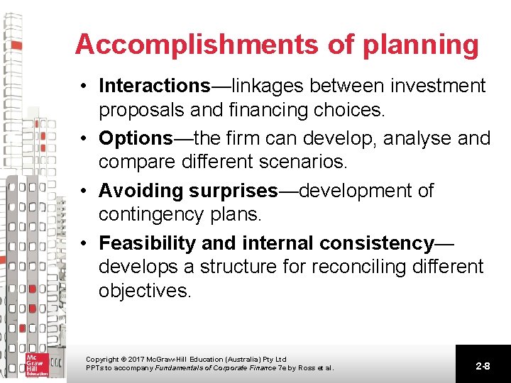 Accomplishments of planning • Interactions—linkages between investment proposals and financing choices. • Options—the firm Accomplishments of planning • Interactions—linkages between investment proposals and financing choices. • Options—the firm