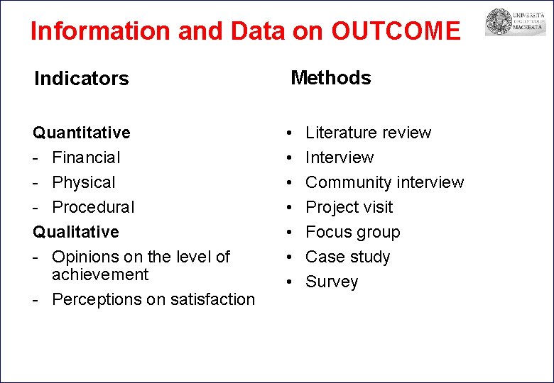 Information and Data on OUTCOME Indicators Methods Quantitative - Financial - Physical - Procedural