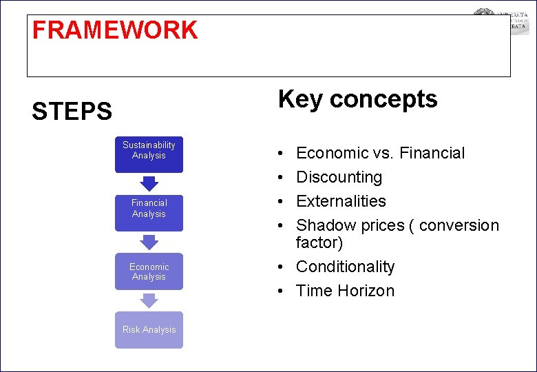 FRAMEWORK Key concepts STEPS Sustainability Analysis Financial Analysis Economic Analysis Risk Analysis • •