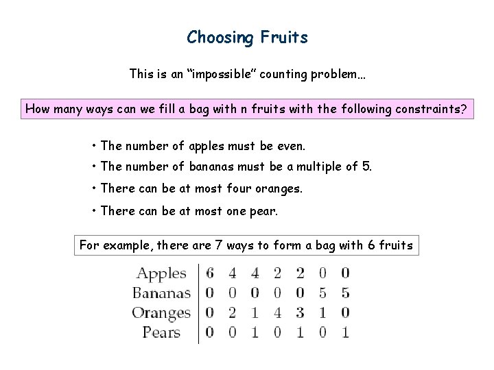 Choosing Fruits This is an “impossible” counting problem… How many ways can we fill