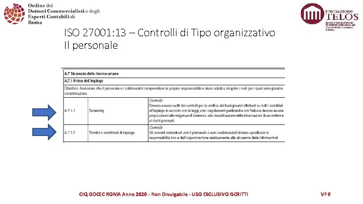ISO 27001: 13 – Controlli di Tipo organizzativo Il personale CIQ ODCEC ROMA Anno
