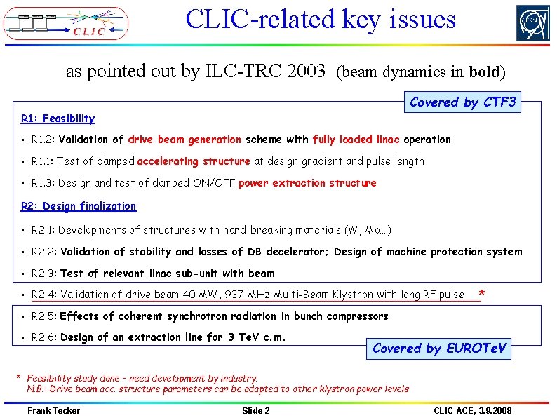 CLIC-related key issues as pointed out by ILC-TRC 2003 (beam dynamics in bold) Covered