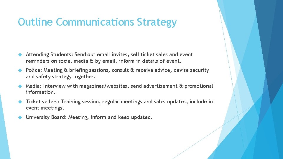 Outline Communications Strategy Attending Students: Send out email invites, sell ticket sales and event