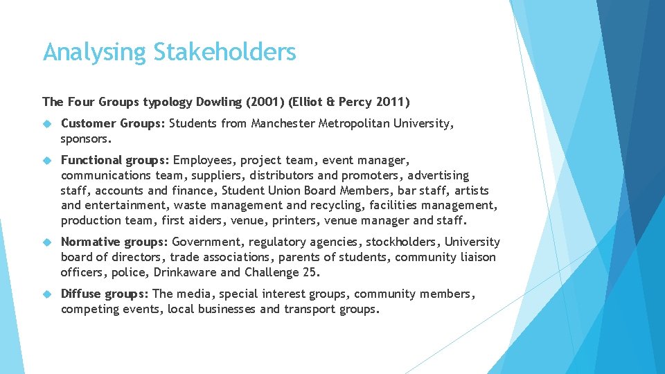 Analysing Stakeholders The Four Groups typology Dowling (2001) (Elliot & Percy 2011) Customer Groups: