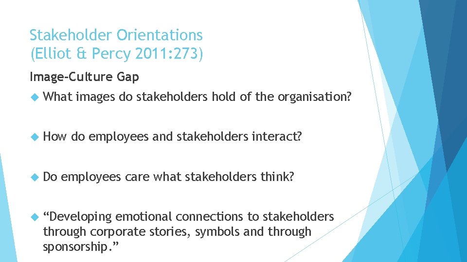 Stakeholder Orientations (Elliot & Percy 2011: 273) Image-Culture Gap What How Do images do