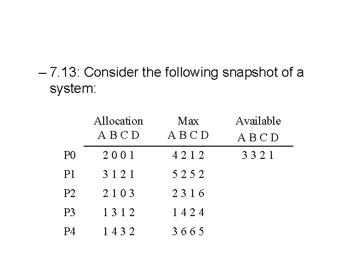 – 7. 13: Consider the following snapshot of a system: Allocation ABCD Max ABCD – 7. 13: Consider the following snapshot of a system: Allocation ABCD Max ABCD